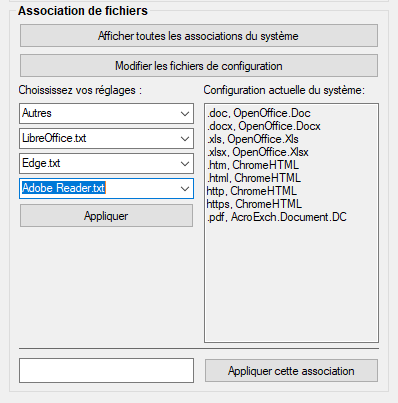 Interface d'association de fichiers de BAO avec le menu déroulant de sélection