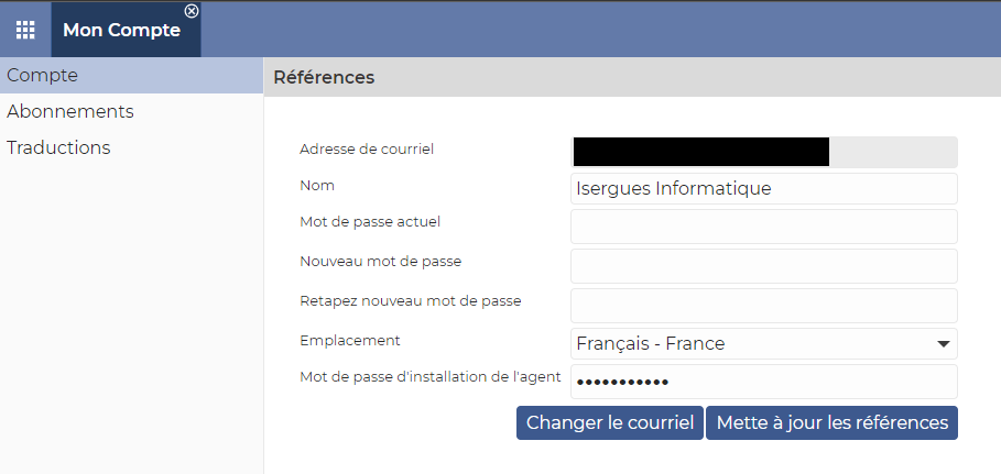 Création du mot de passe de l'agent dans les options du compte DWService