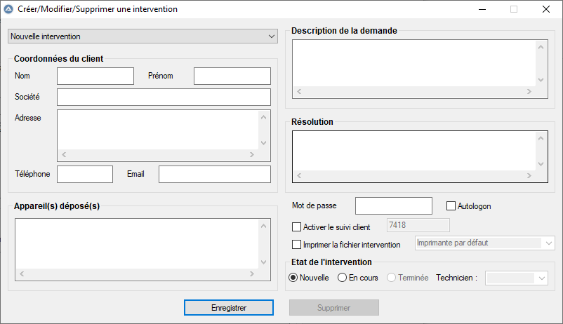 Fenêtre de création d'une intervention dans BAO, avec coordonnées client et description de la demande