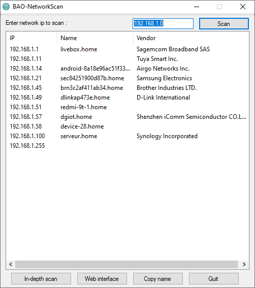 Interface de BAO NetworkScan listant les adresses IP, noms et fabricants des périphériques détectés