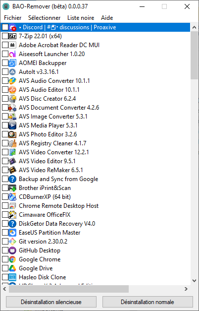 Interface de BAO Remover avec la liste des logiciels installés à désinstaller