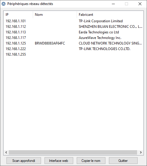 Fenêtre du scanner réseau de BAO avec la liste des adresses IP détectées